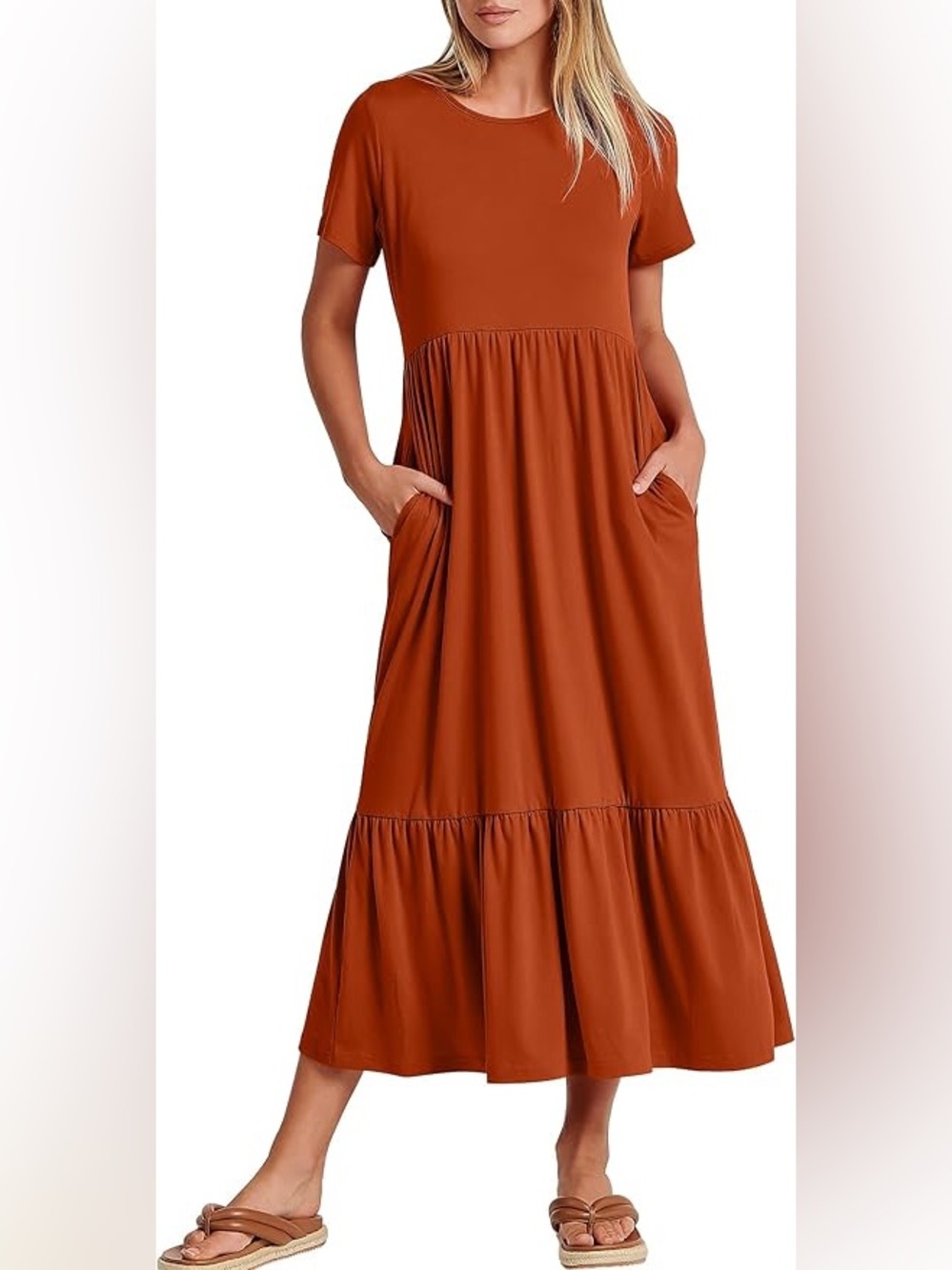 Rust/Auburn/Brick Red Tiered Soft Short-Sleeve Maxi Dress with Pockets
